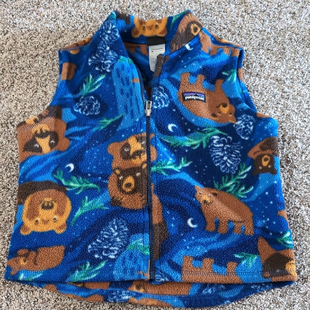 Patagonia Blue and Brown Fleece Vest with Bear Design